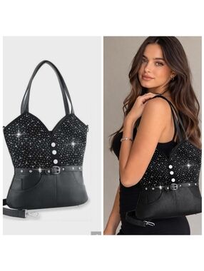 Corset Design Rhinestone Black Leather Pants Handbag Purse